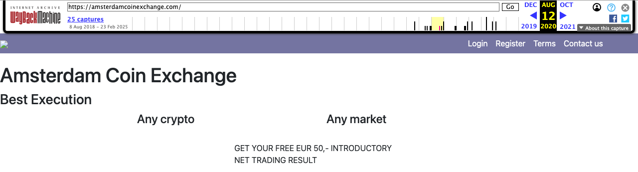 Website van Amsterdam Coin Exchange in augustus 2020 volgens het Internet Archive, met knoppen Login en Register