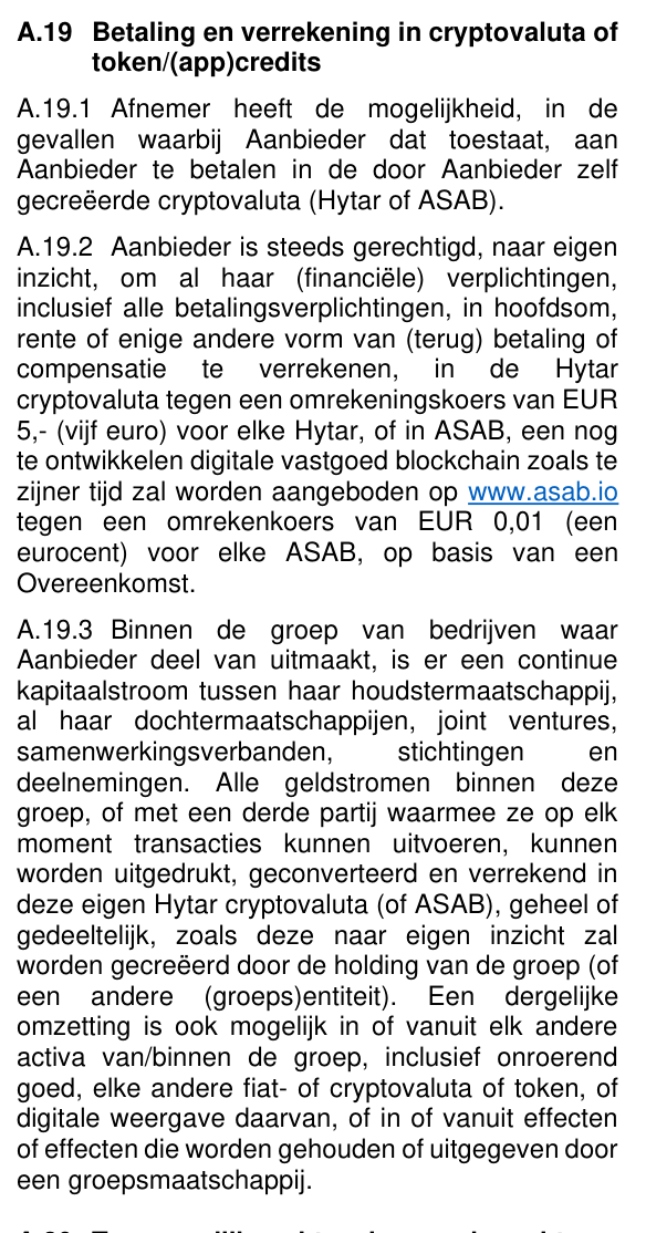 Artikel A.19 uit de algemene voorwaarden van Vondellaan Vastgoed, versie 3.2, met de bepaling over betaling in Hytar