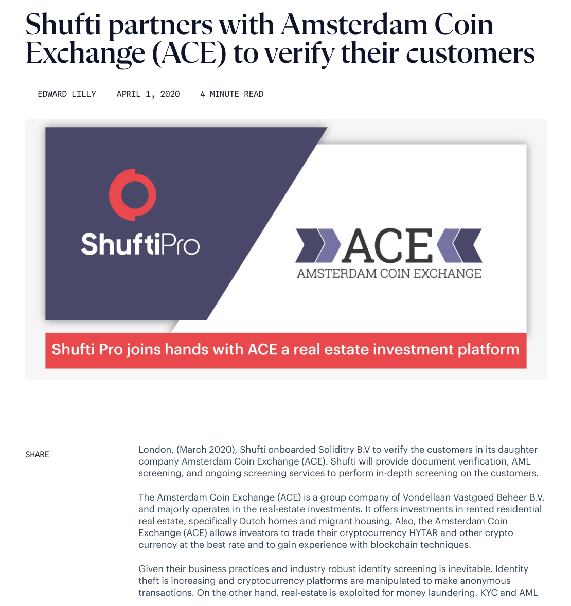 Persbericht van Shufti uit 2020 over de samenwerking met Amsterdam Coin Exchange